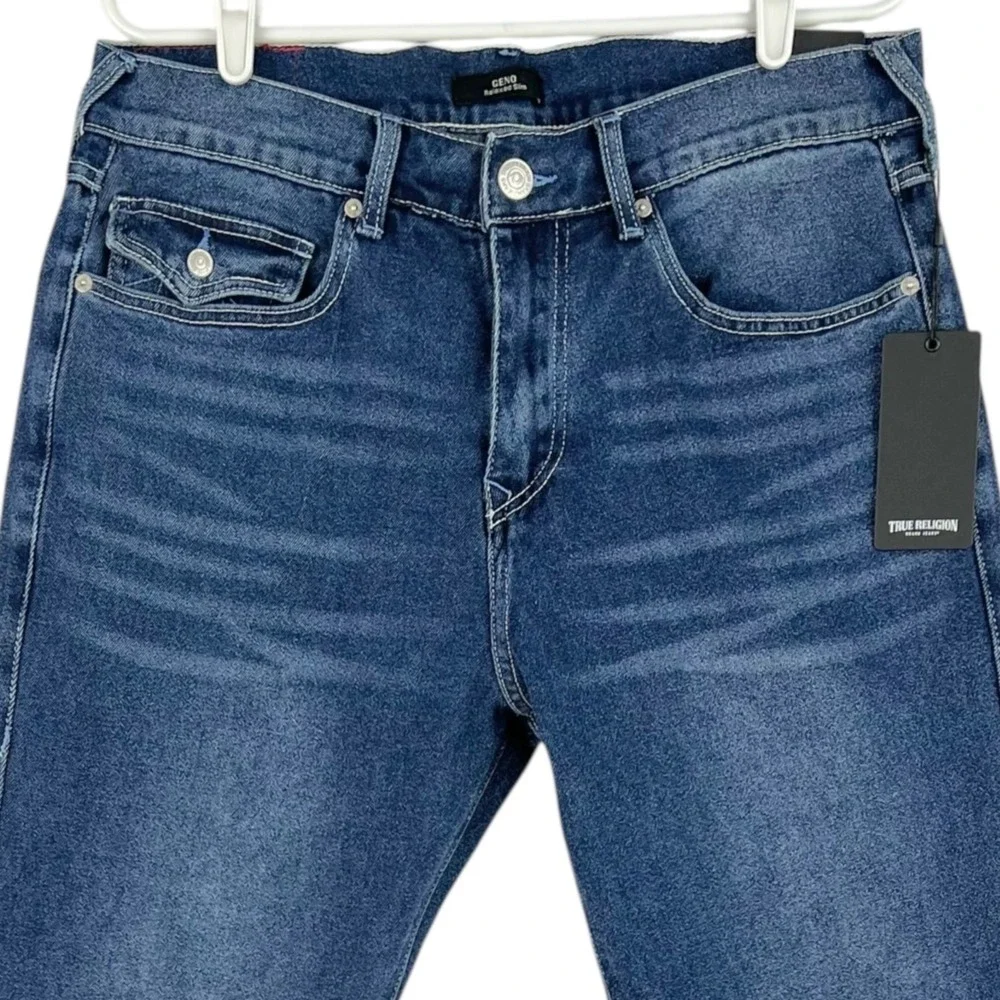 True Religion Men's Stretch Navy Jeans 33x32 Geno Relaxed Flap Pockets NWT